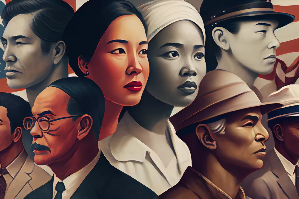 COnceptual banner featuring Asian Americans against an American flag backdrop